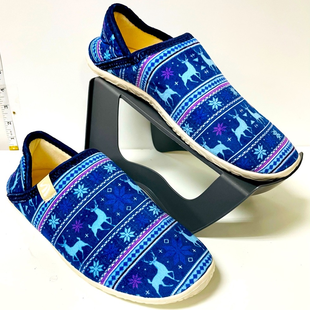 Christmas Patterned Slip-On Canvas Fuzzy House Shoes, Blue XL
